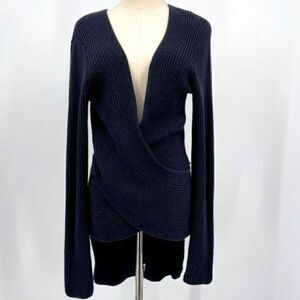 Nu construction Navy blue knit size sweater top small high low Faux wrap